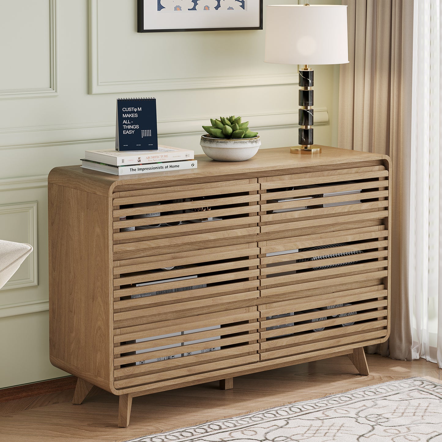 Fluted Dresser for Bedroom, Wide 6 Drawers Dresser, Chests of Drawers with Grille