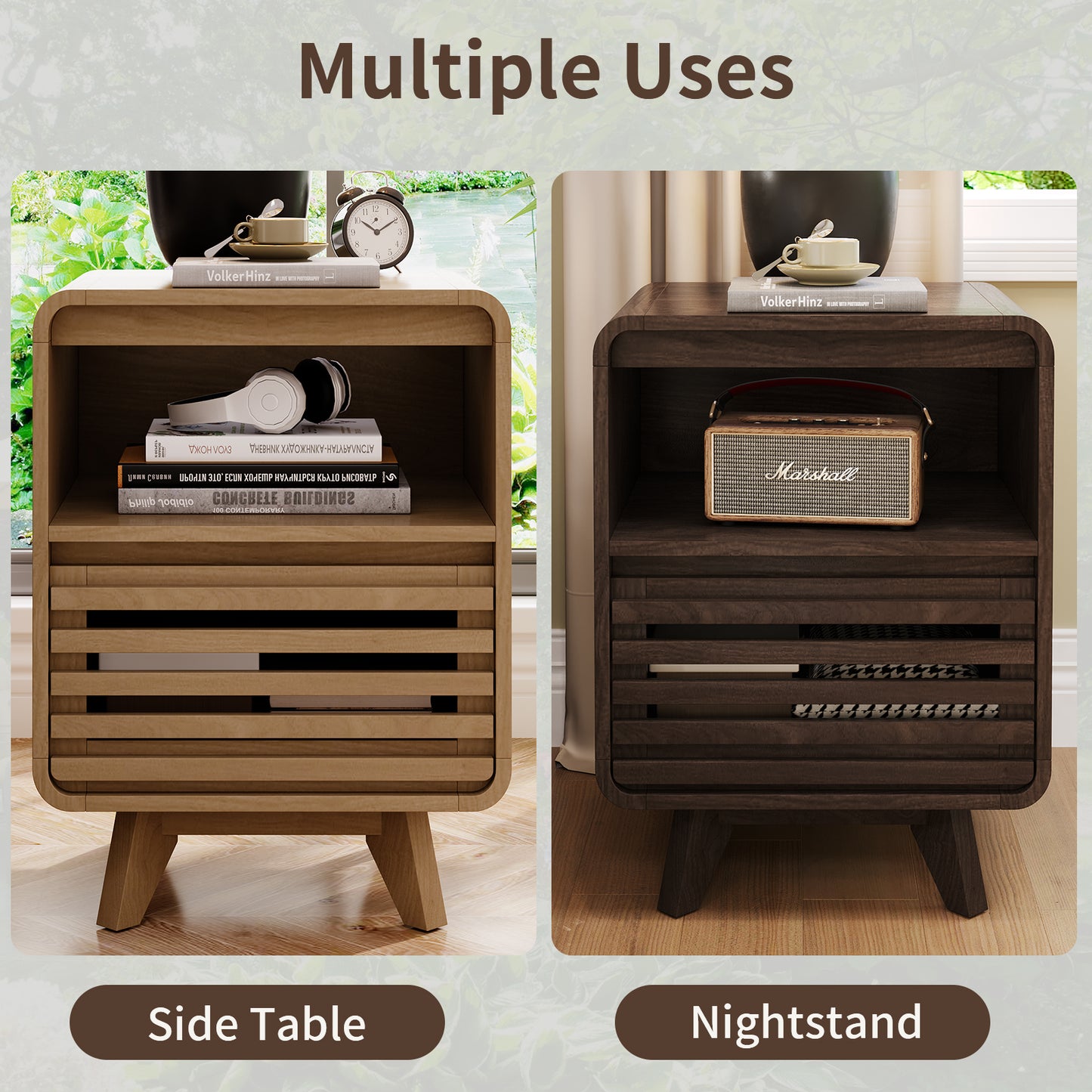 SOLACE FURNITURE Nightstand with Drawer Storage Grille Bed Side Table