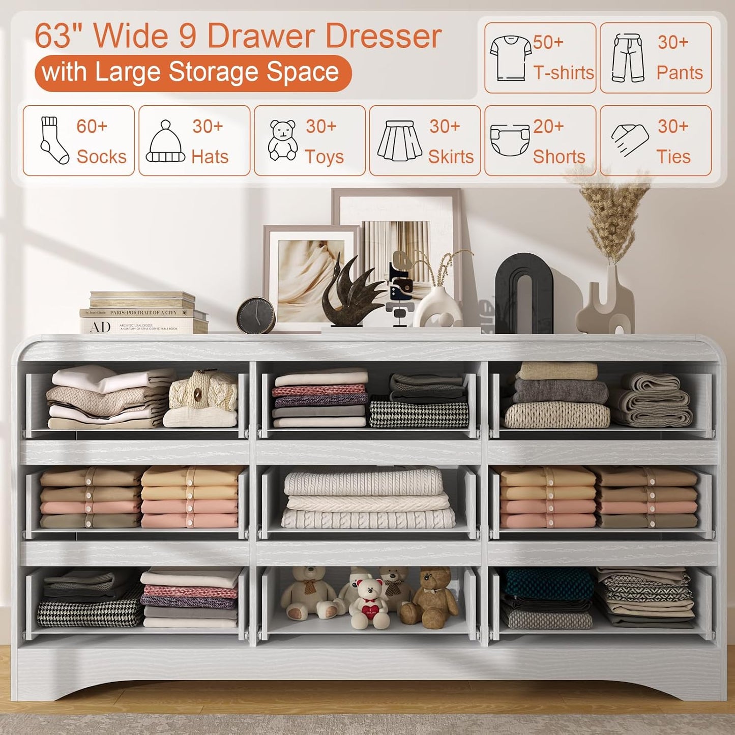 SOLACE FURNITURE 9 Drawers Dresser for Bedroom, 63" Wide Modern Dressers for Bedroom Living Room Hallway