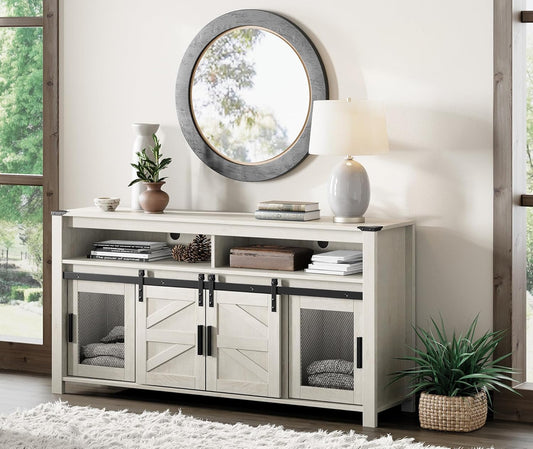 59"Wood Sliding Barn Door Media Console Table,Rustic TV Cabinet for Living Room, Farmhouse TV Stand