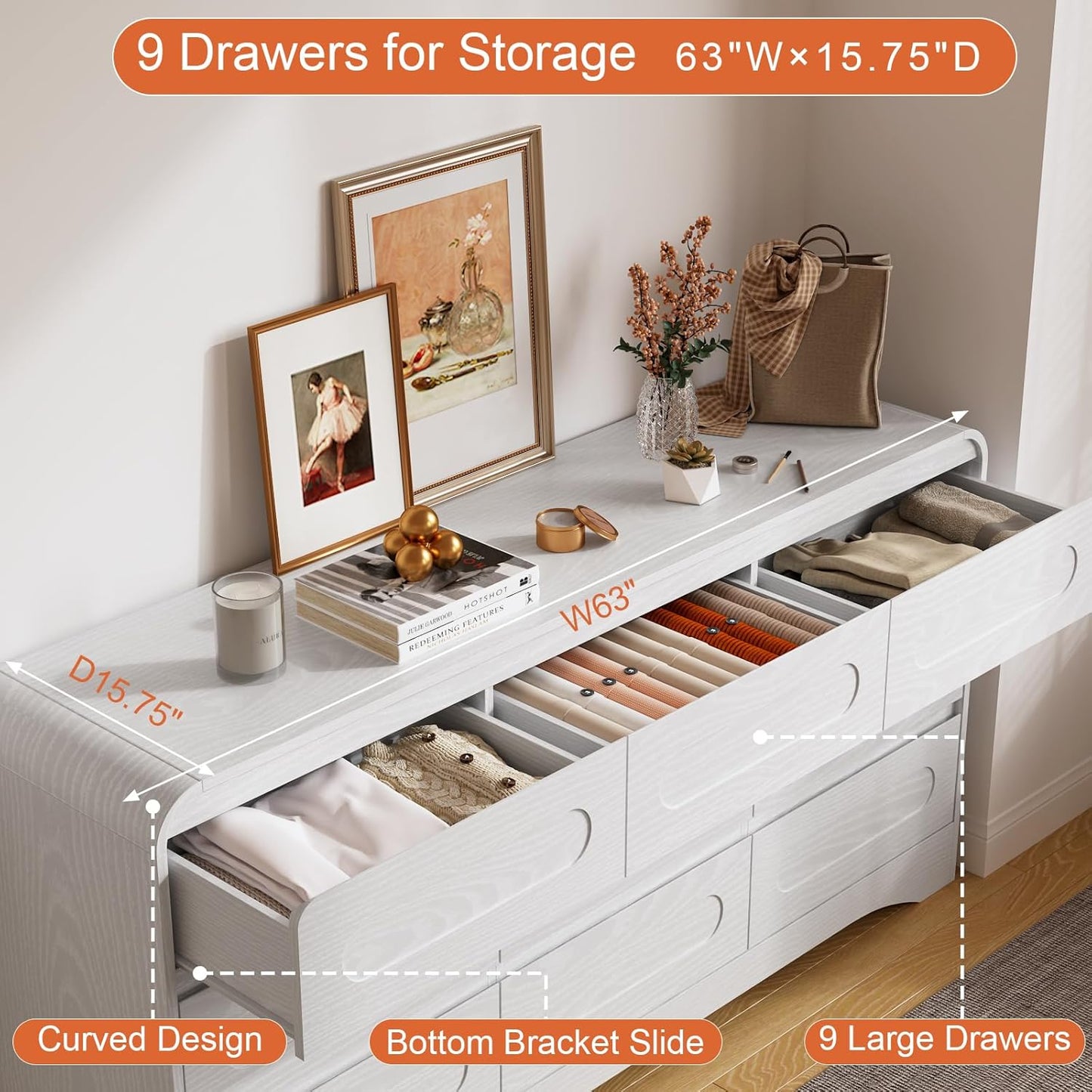 SOLACE FURNITURE 9 Drawers Dresser for Bedroom, 63" Wide Modern Dressers for Bedroom Living Room Hallway