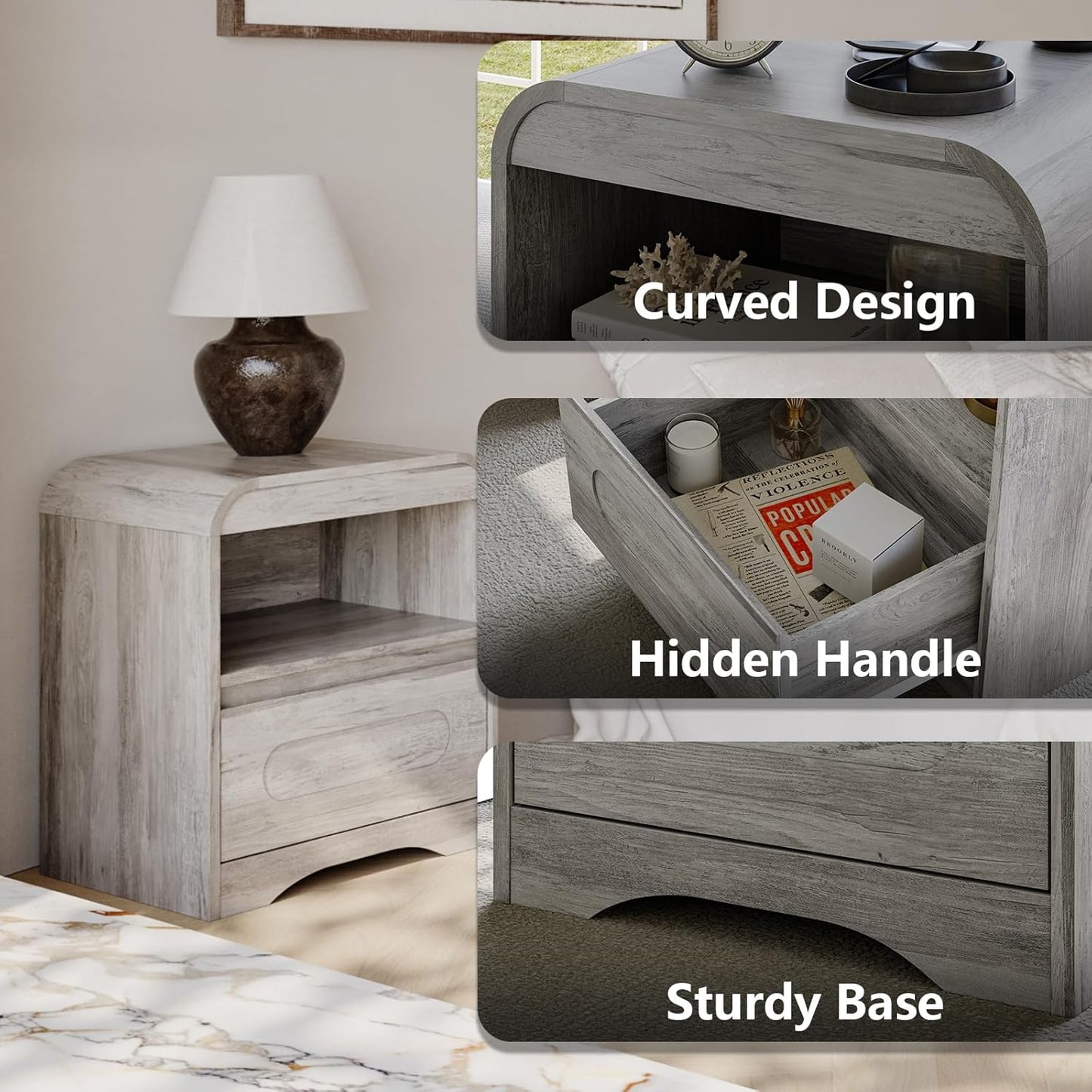 Night Stands for Bedroom Living Room with Drawer Storage Curved Bed Side Table