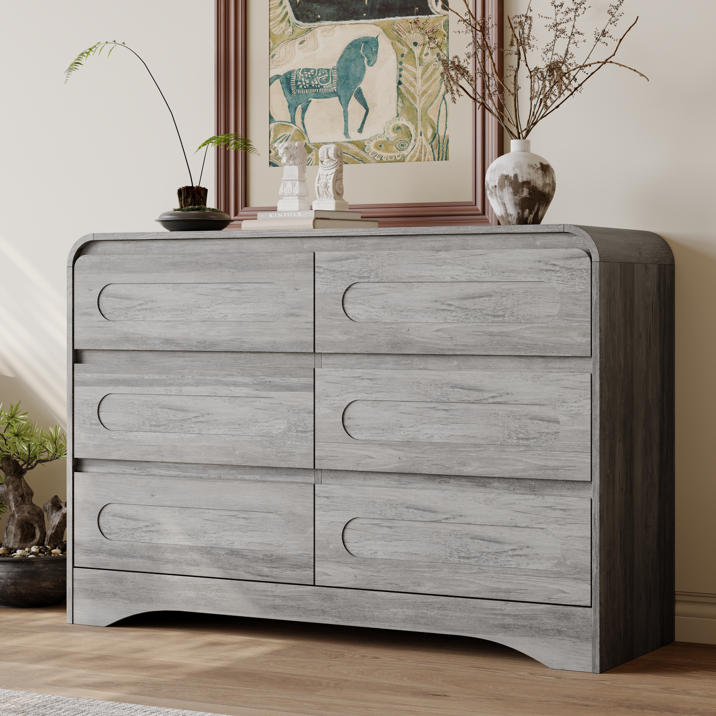 SOLACE FURNITURE 47" Wide 6 Drawers Dressers, Dresser Curved  Profile Design for Bedroom