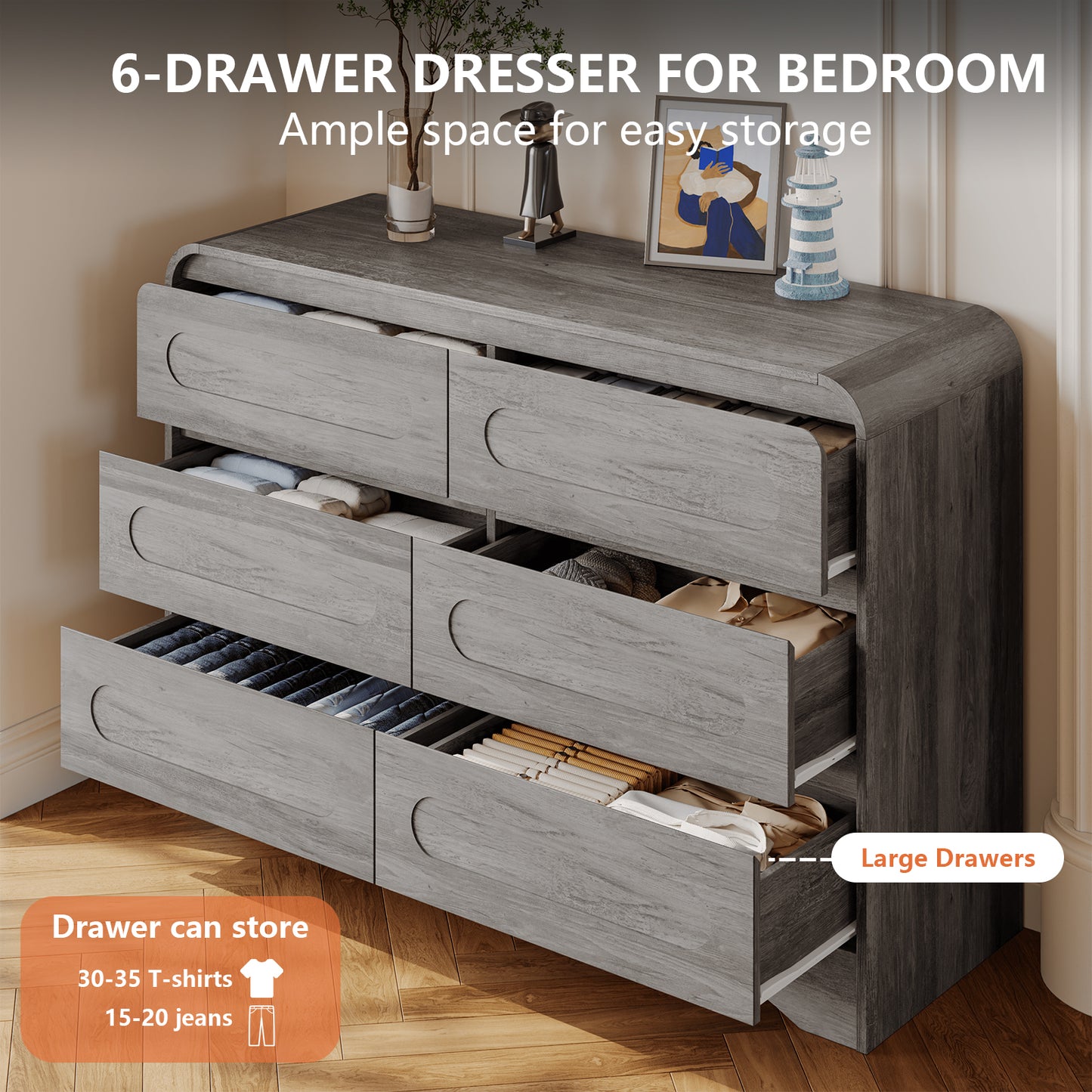 SOLACE FURNITURE 47" Wide 6 Drawers Dressers, Dresser Curved  Profile Design for Bedroom