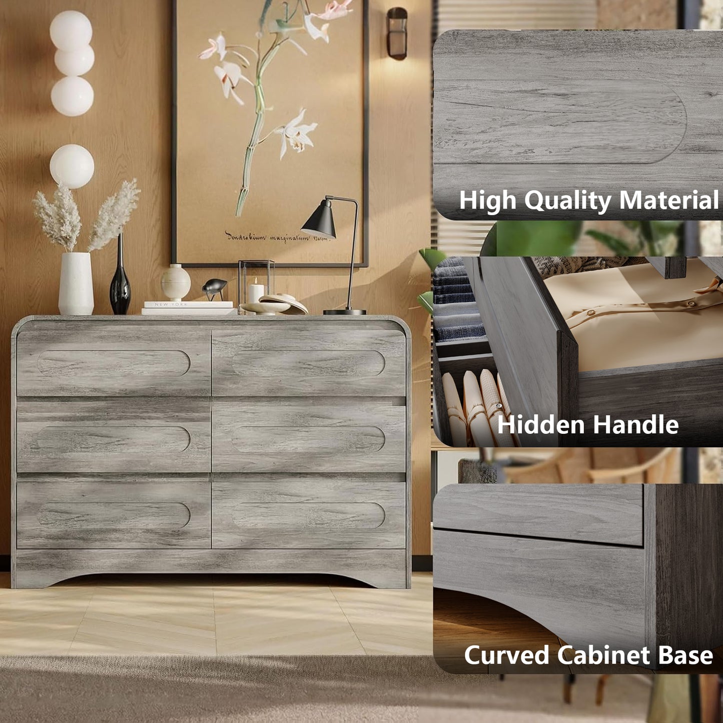 SOLACE FURNITURE 47" Wide 6 Drawers Dressers, Dresser Curved  Profile Design for Bedroom