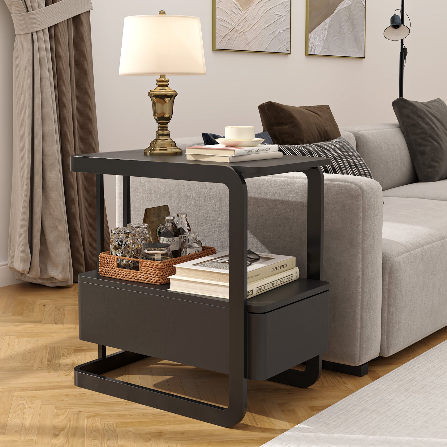 SOLACE FURNITURE Nightstand with Drawer and Shelves for Living Room Bedroom