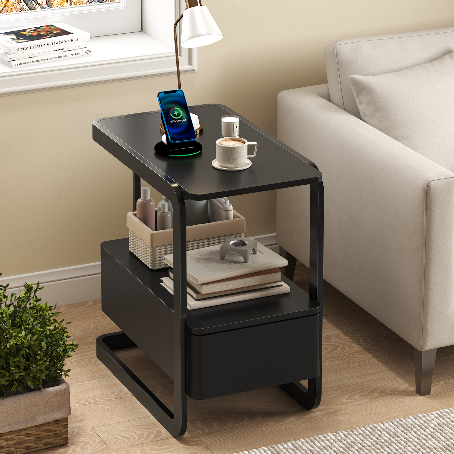SOLACE FURNITURE Side Table, End Table, Nightstand with Drawer and Shelves for Living Room, Bedroom