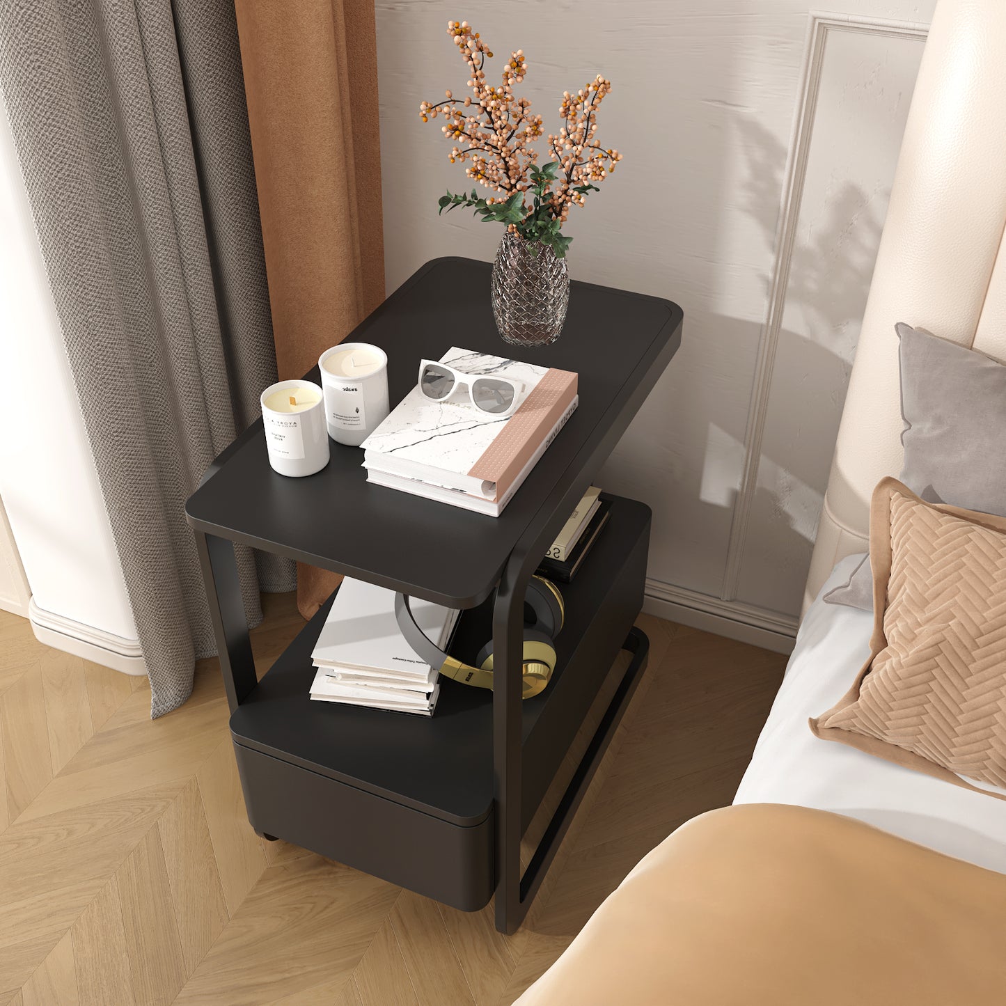 SOLACE FURNITURE Nightstand with Drawer and Shelves for Living Room Bedroom