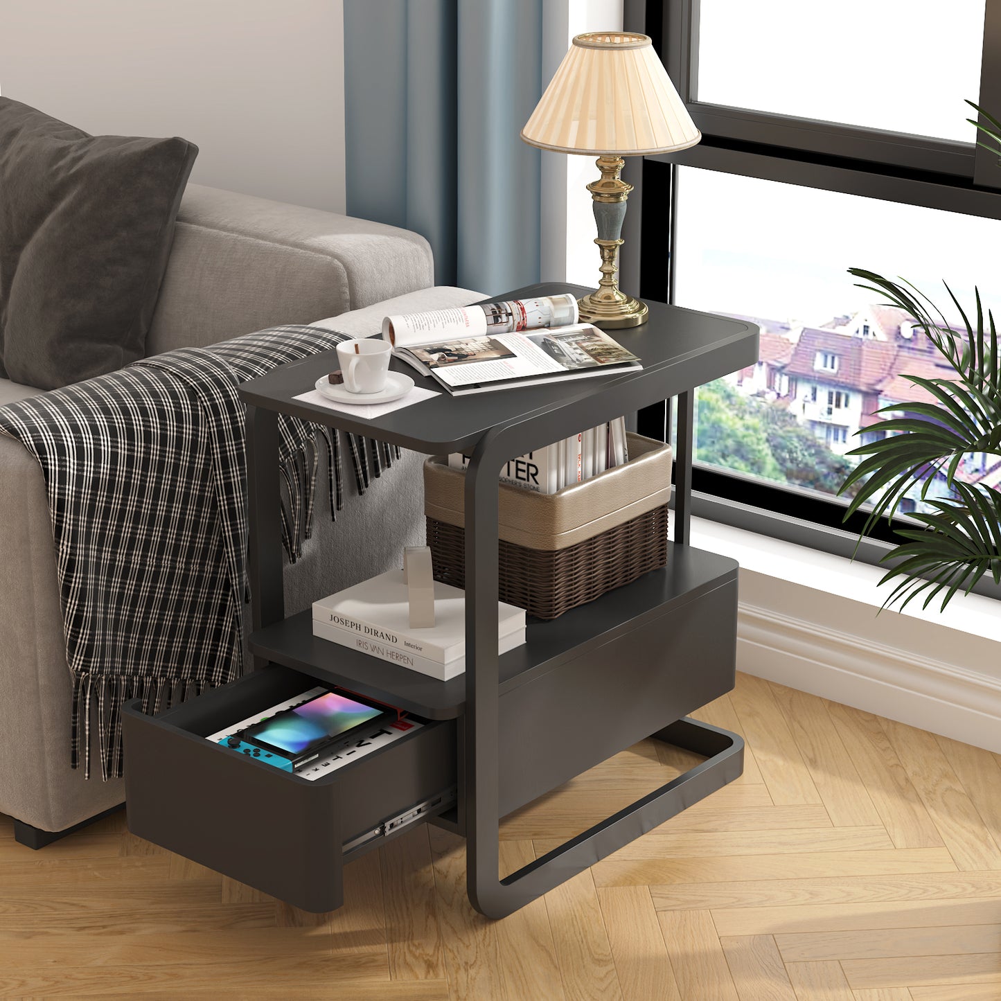SOLACE FURNITURE Nightstand with Drawer and Shelves for Living Room Bedroom