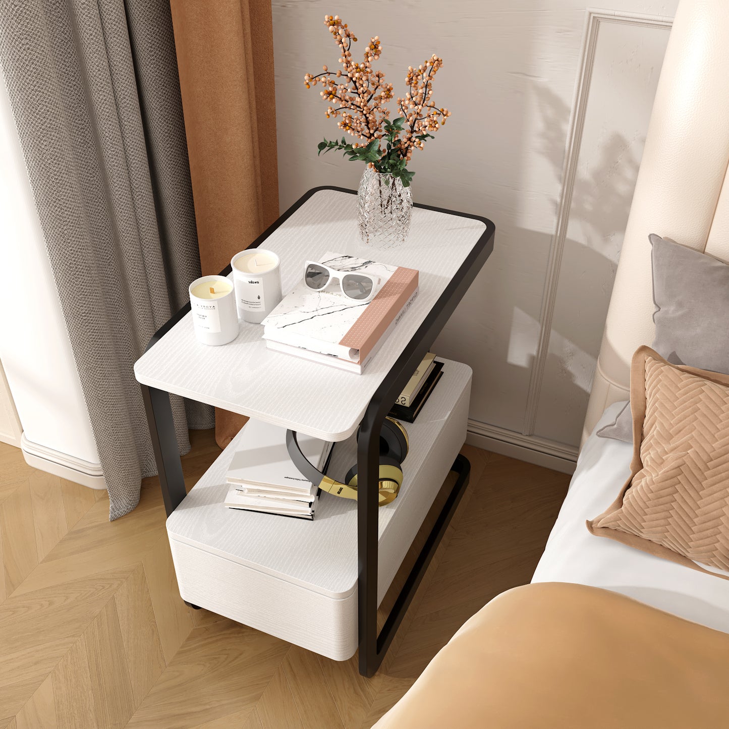 SOLACE FURNITURE Nightstand with Drawer and Shelves for Living Room Bedroom