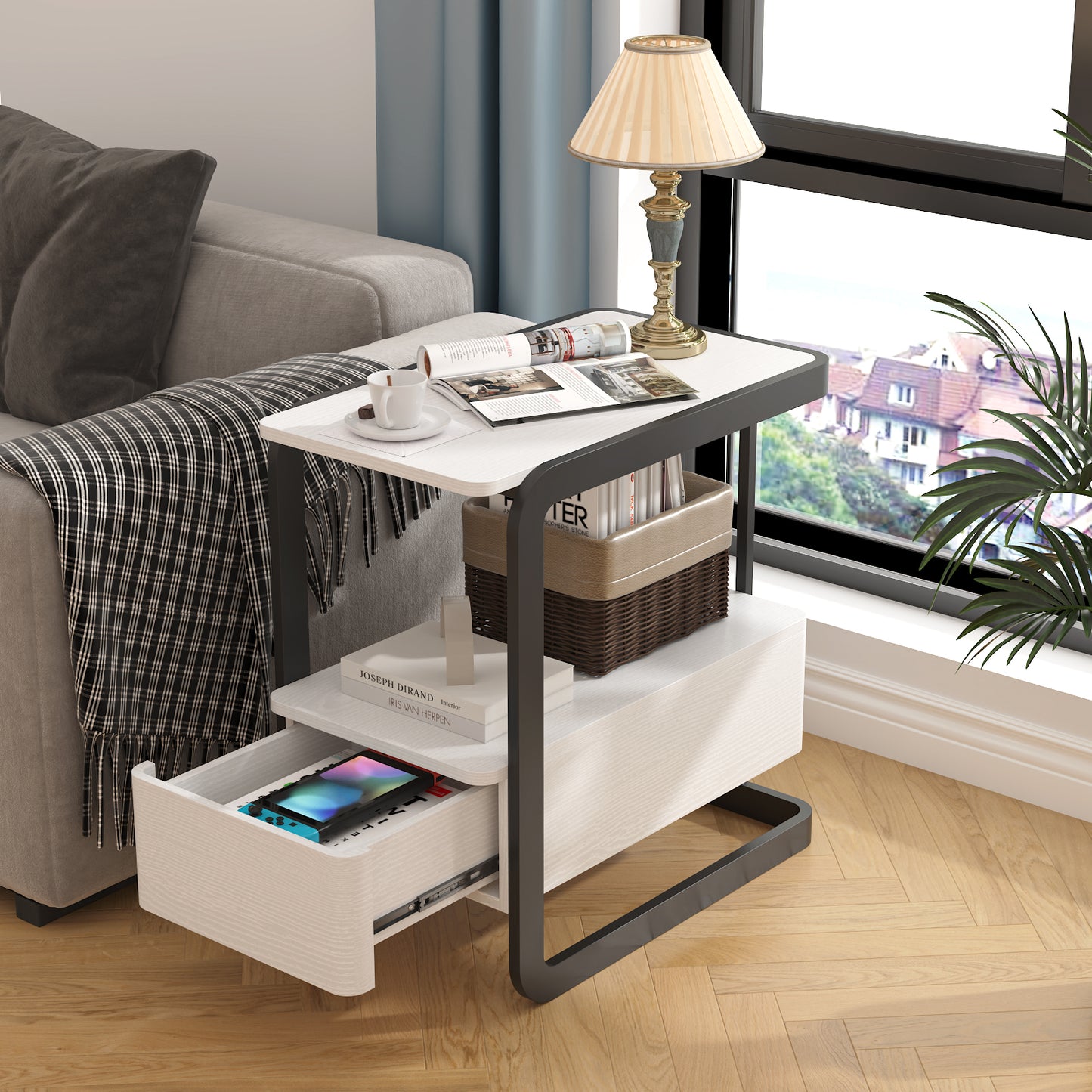 SOLACE FURNITURE Nightstand with Drawer and Shelves for Living Room Bedroom