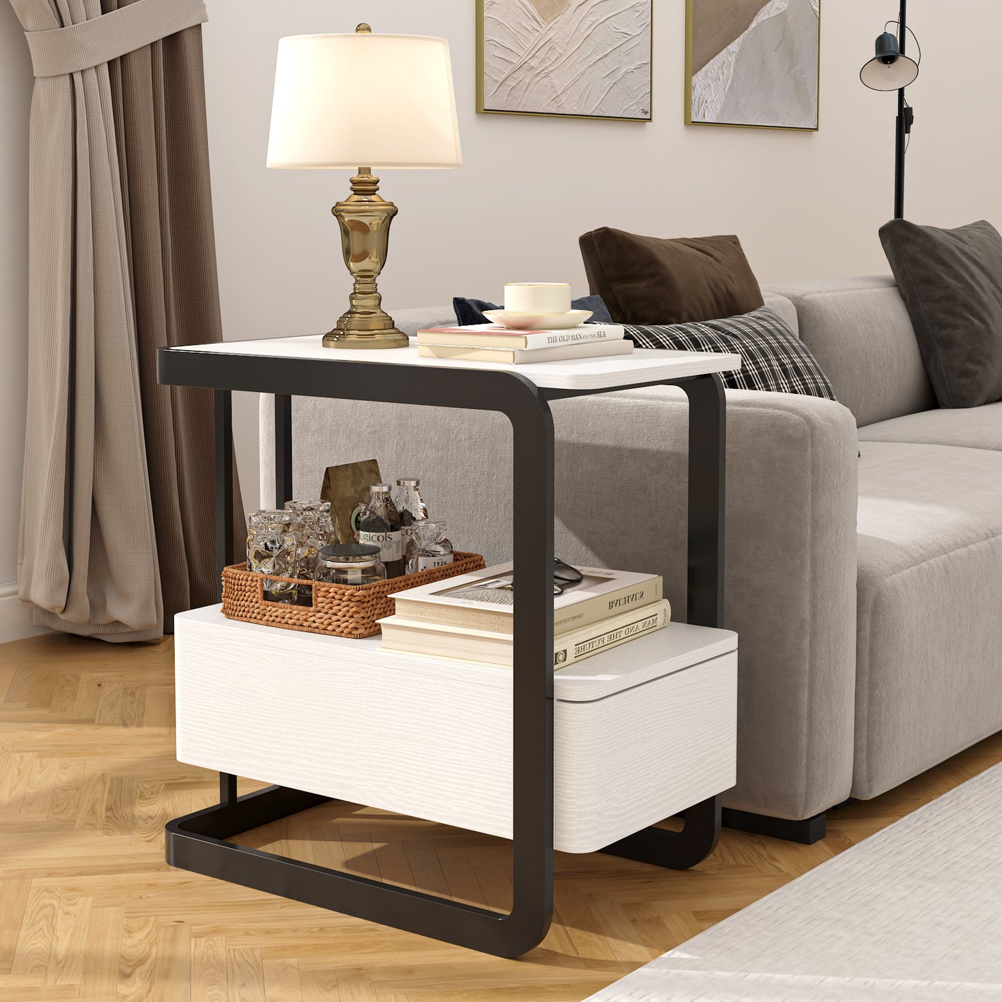 SOLACE FURNITURE Nightstand with Drawer and Shelves for Living Room Bedroom