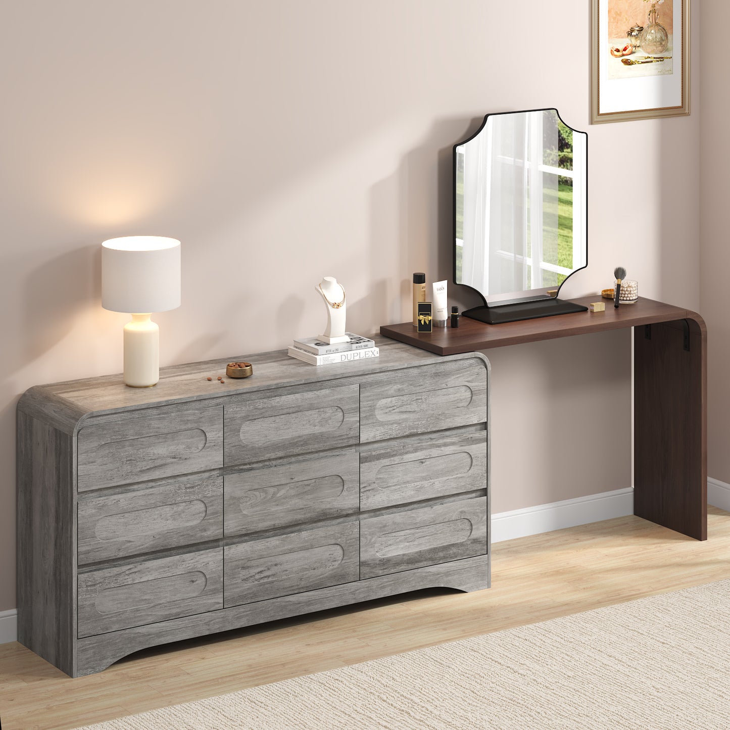 Modern 9 Storage Drawers Dresser with Convertible Vanity Desk