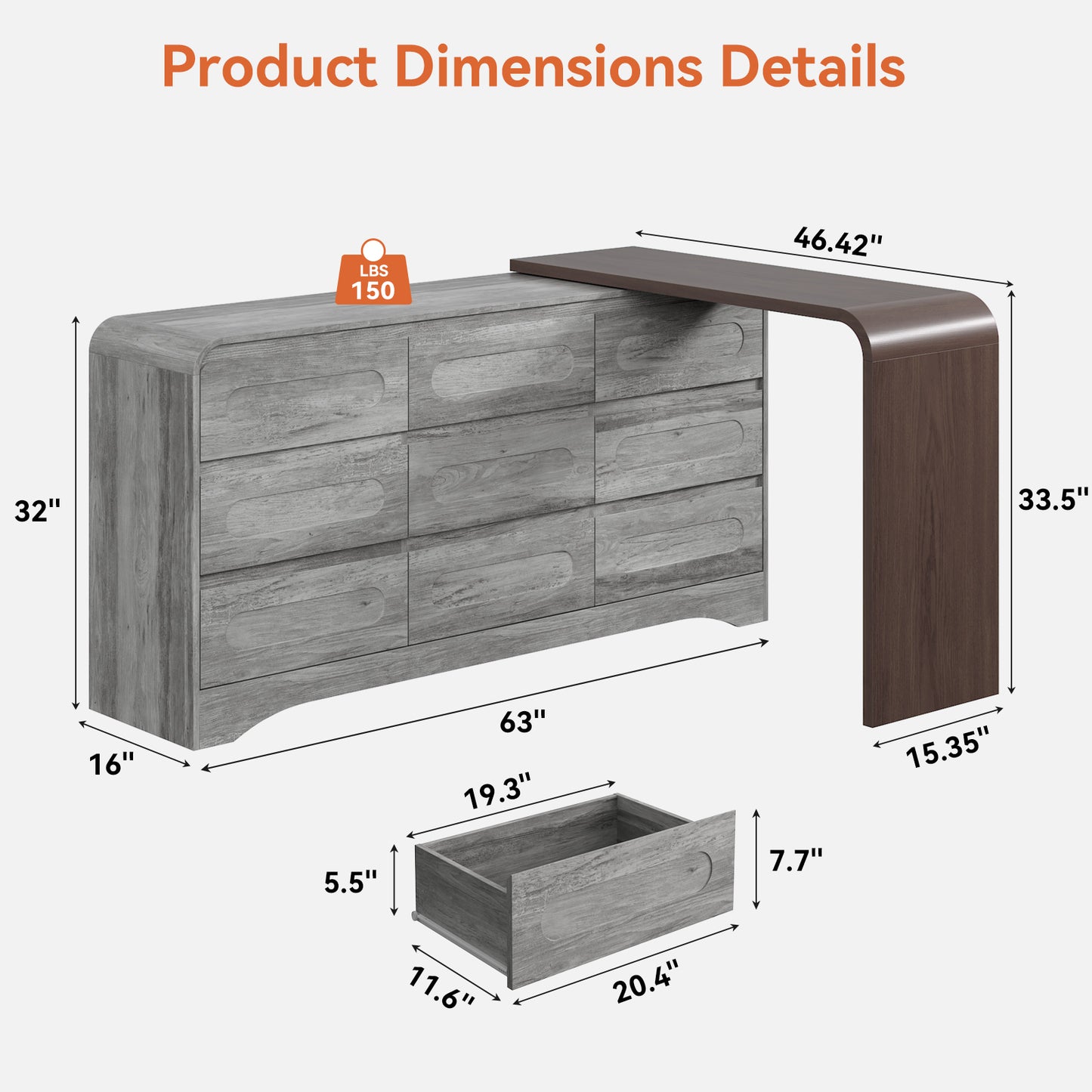 Modern 9 Storage Drawers Dresser with Convertible Vanity Desk