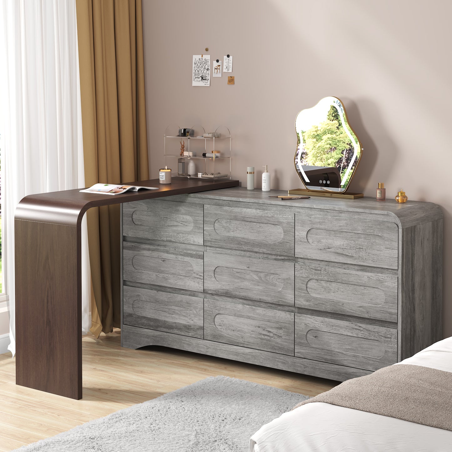 Modern 9 Storage Drawers Dresser with Convertible Vanity Desk