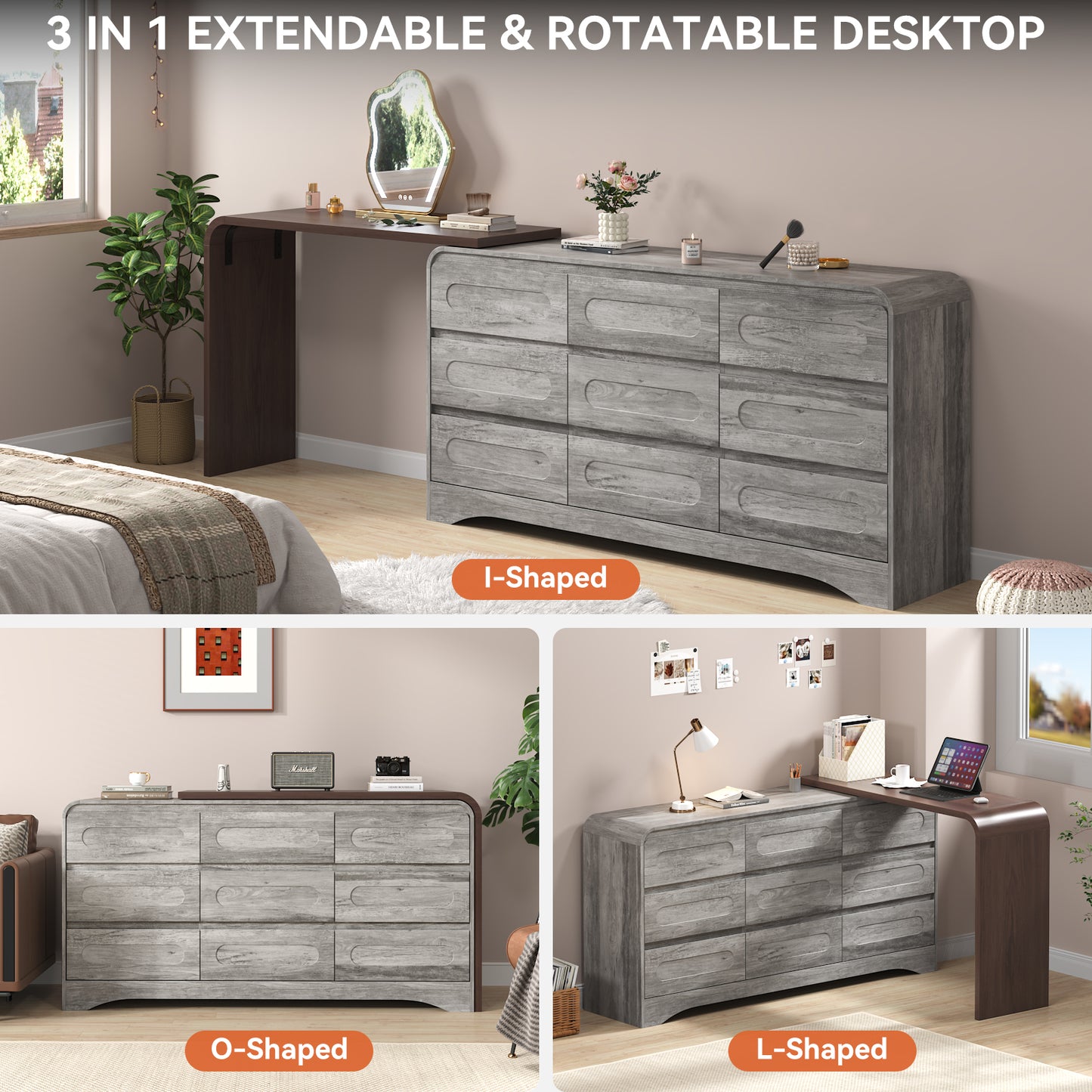 Modern 9 Storage Drawers Dresser with Convertible Vanity Desk