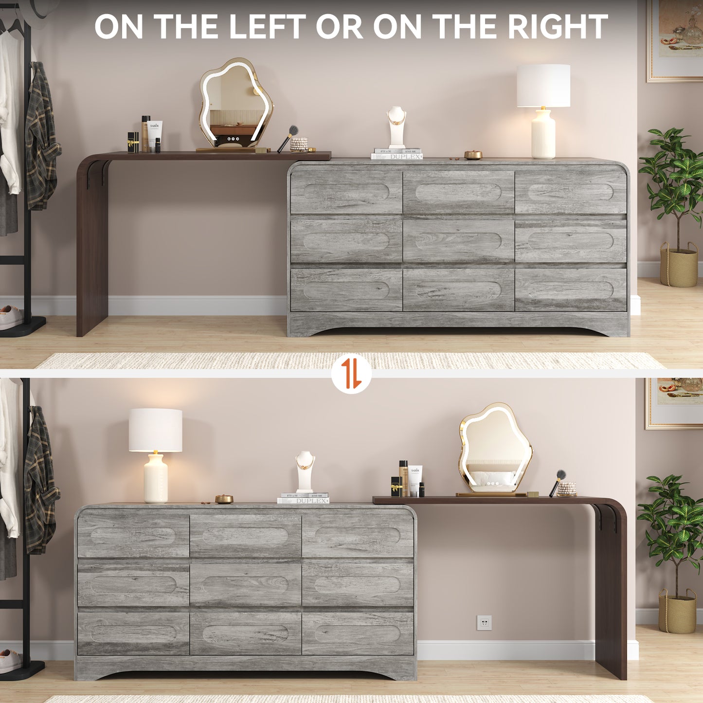 Modern 9 Storage Drawers Dresser with Convertible Vanity Desk