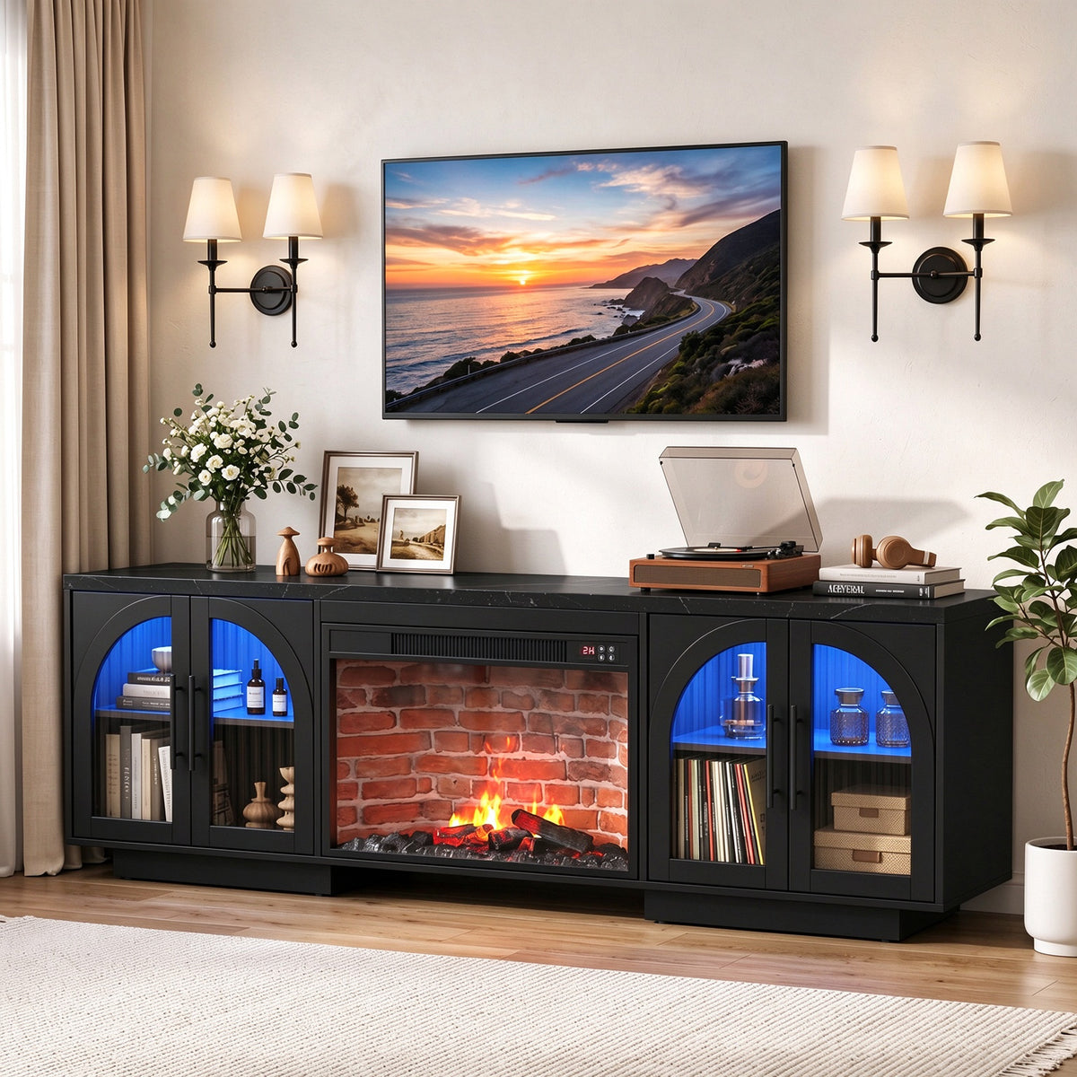 Multifunctional TV Stand for 80 Inch TVs, Mid Century LED TV Console for Living Room, Black