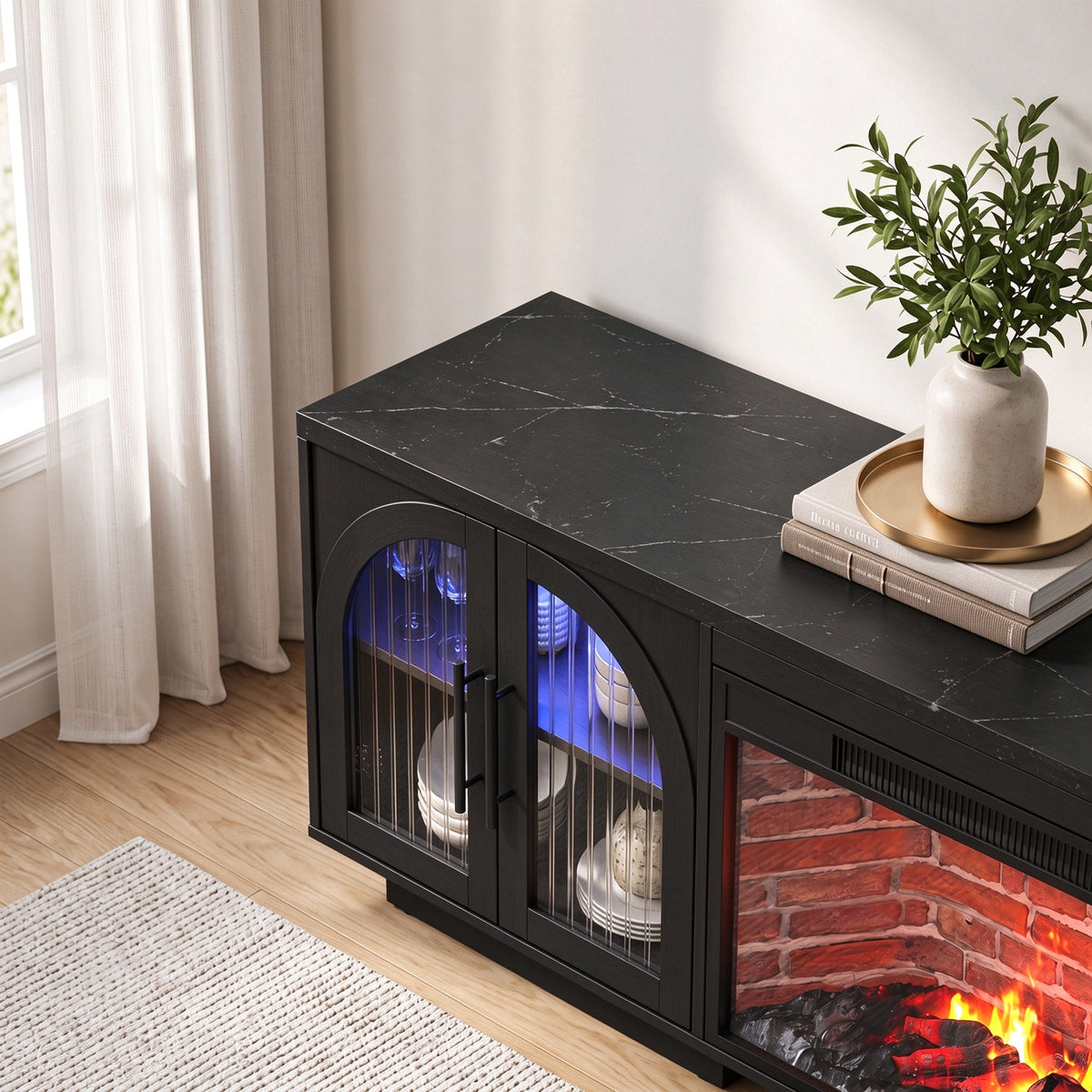 70" TV Stand with Fireplace for TVs up to 80", Mid Century LED TV Console for Living Room, Black