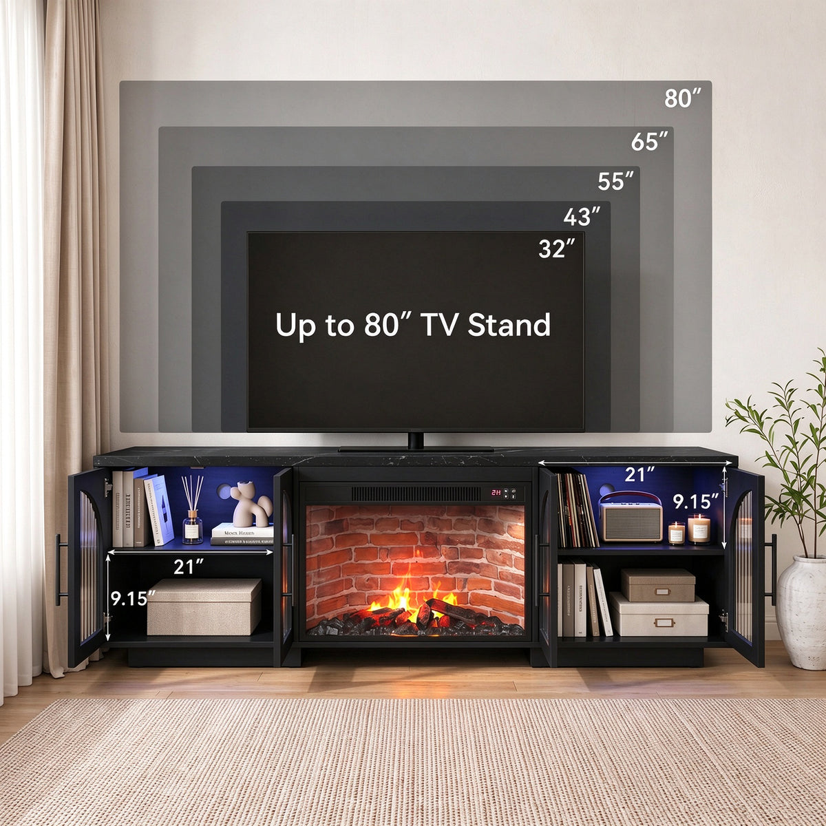 70" TV Stand with Fireplace for TVs up to 80", Mid Century LED TV Console for Living Room, Black