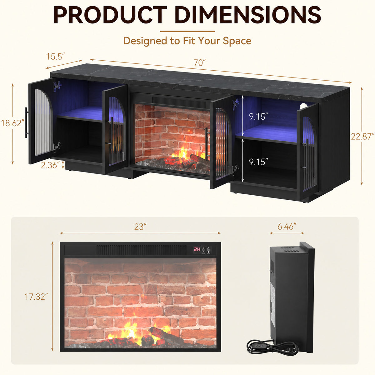 Multifunctional TV Stand for 80 Inch TVs, Mid Century LED TV Console for Living Room, Black
