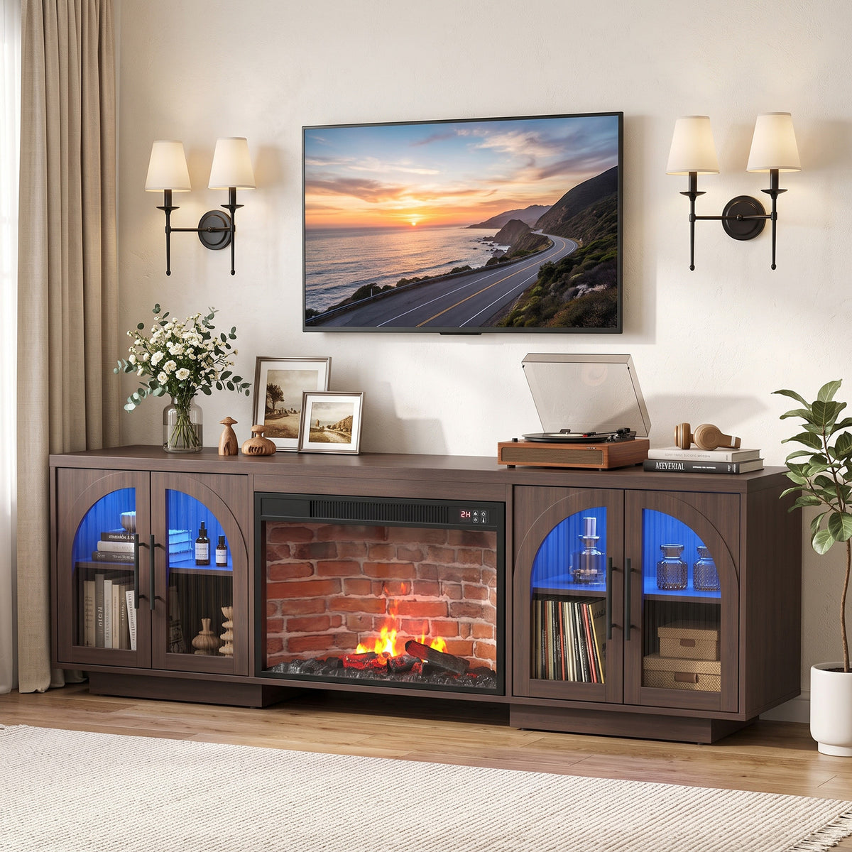 Multifunctional TV Stand With LED Light, Mid Century LED TV Console for Living Room, Brown