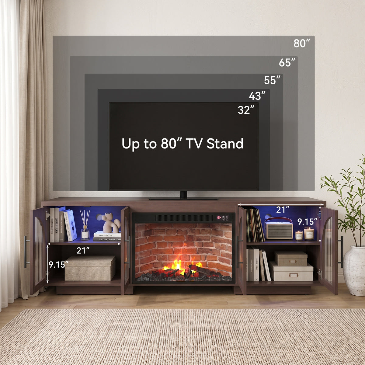 Multifunctional TV Stand With LED Light, Mid Century LED TV Console for Living Room, Brown