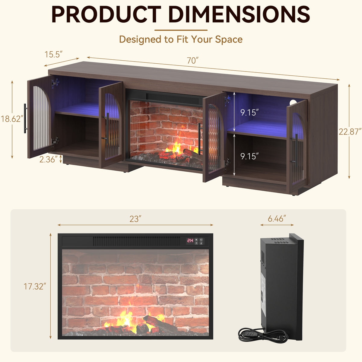 Multifunctional TV Stand With LED Light, Mid Century LED TV Console for Living Room, Brown