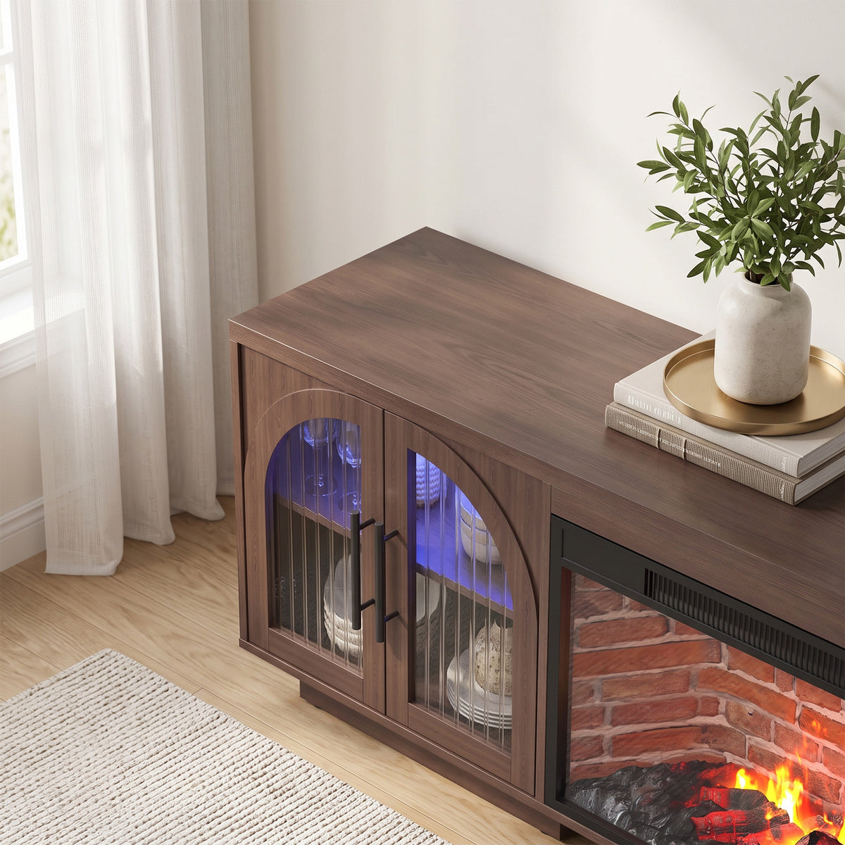 70" TV Stand with Fireplace for TVs up to 80", Mid Century LED TV Console for Living Room, Brown