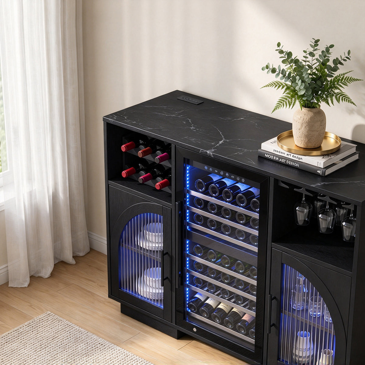 Coffee Bar Wine Cabinet with 6 Wine Rack, Adjustable Shelves, Glass Holder - Modern Home Liquor Bar Cabinet for Kitchen & Living Room