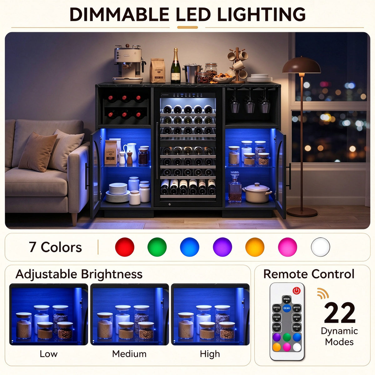 Coffee Bar Wine Cabinet with 6 Wine Rack, Adjustable Shelves, Glass Holder - Modern Home Liquor Bar Cabinet for Kitchen & Living Room