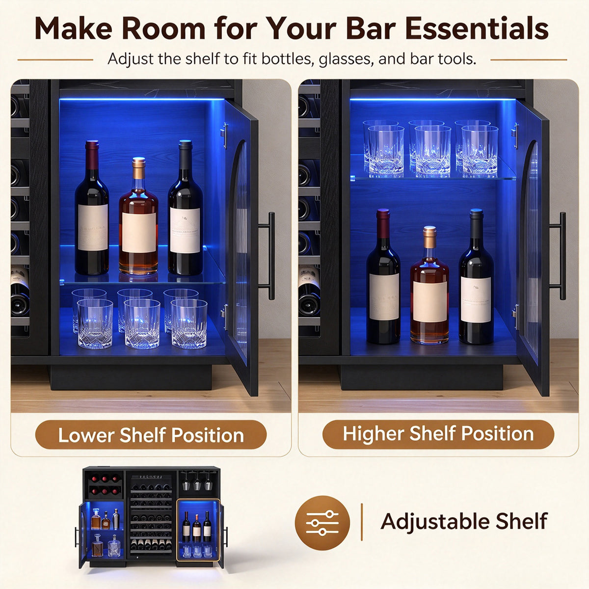 Coffee Bar Wine Cabinet with 6 Wine Rack, Adjustable Shelves, Glass Holder - Modern Home Liquor Bar Cabinet for Kitchen & Living Room