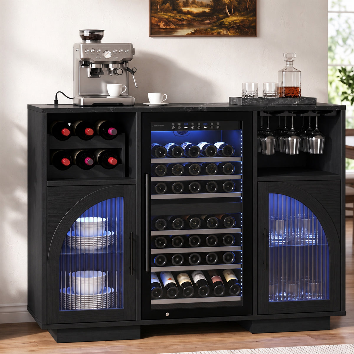 Coffee Bar Wine Cabinet with 6 Wine Rack, Adjustable Shelves, Glass Holder - Modern Home Liquor Bar Cabinet for Kitchen & Living Room