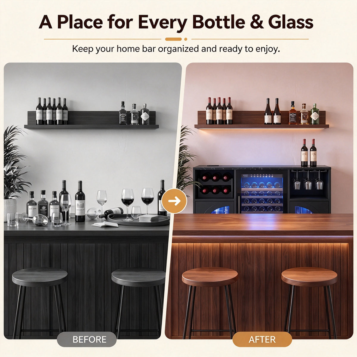 Coffee Bar Wine Cabinet with 6 Wine Rack, Adjustable Shelves, Glass Holder - Modern Home Liquor Bar Cabinet for Kitchen & Living Room