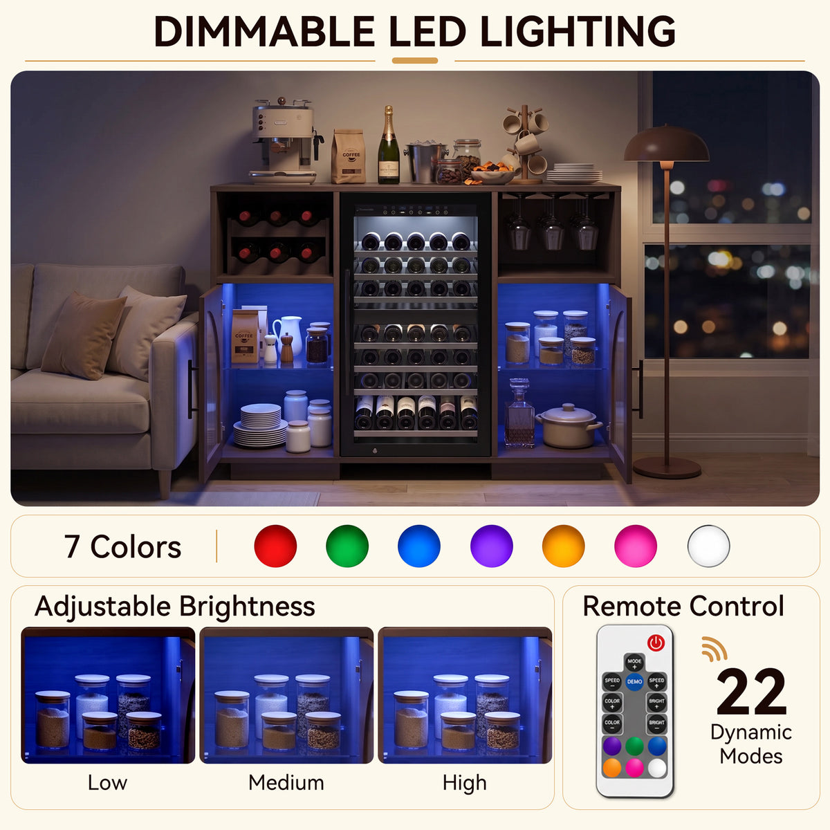 Coffee Bar Wine Cabinet with 6 Wine Rack, Adjustable Shelves, Glass Holder - Modern Home Liquor Bar Cabinet for Kitchen & Living Room, Brown