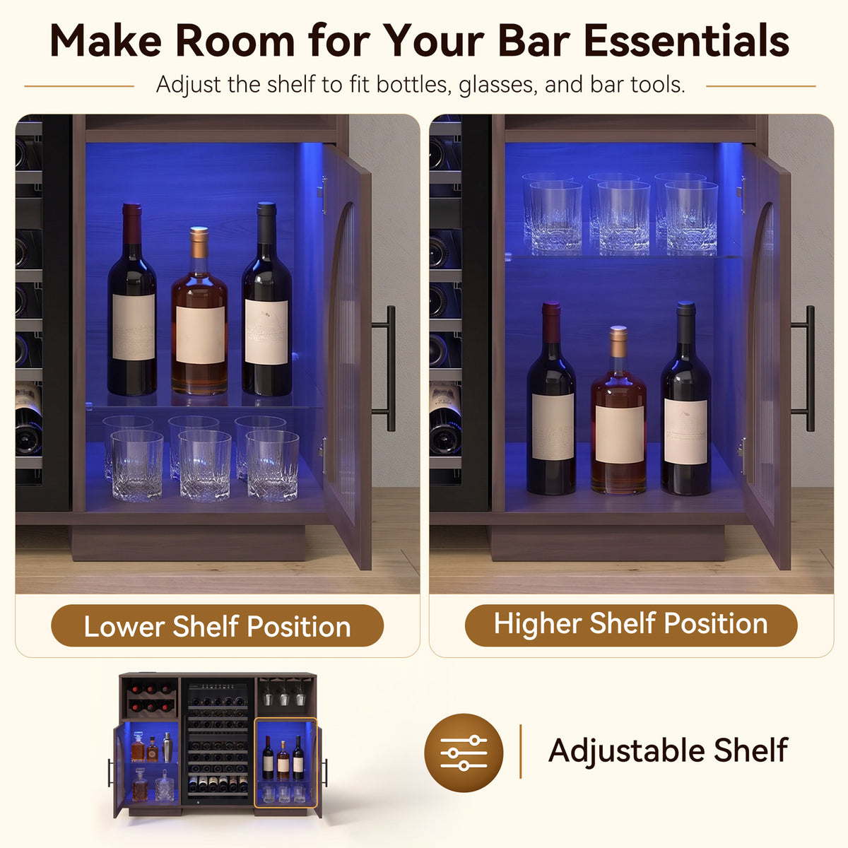 Coffee Bar Wine Cabinet with 6 Wine Rack, Adjustable Shelves, Glass Holder - Modern Home Liquor Bar Cabinet for Kitchen & Living Room, Brown