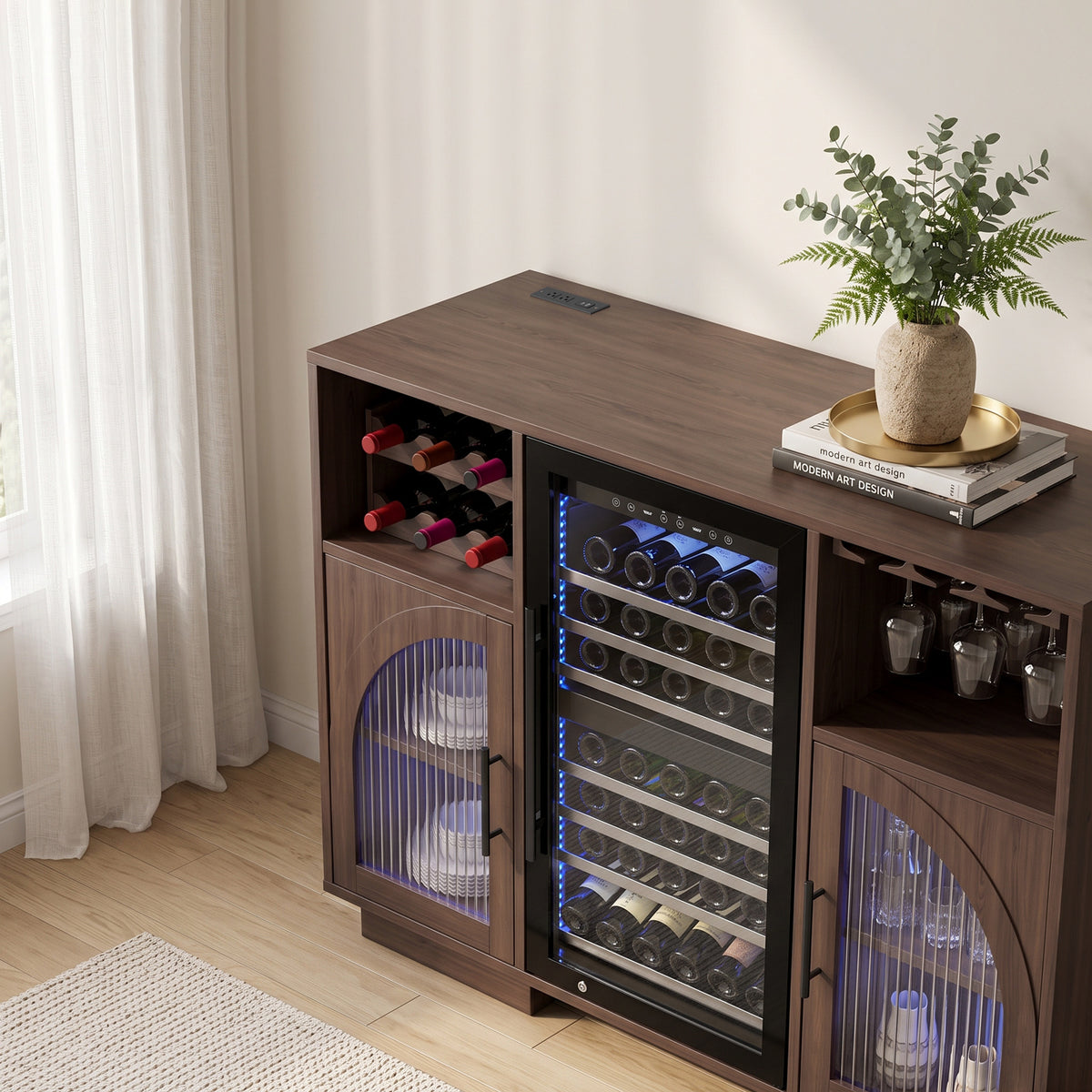 Coffee Bar Wine Cabinet with 6 Wine Rack, Adjustable Shelves, Glass Holder - Modern Home Liquor Bar Cabinet for Kitchen & Living Room, Brown