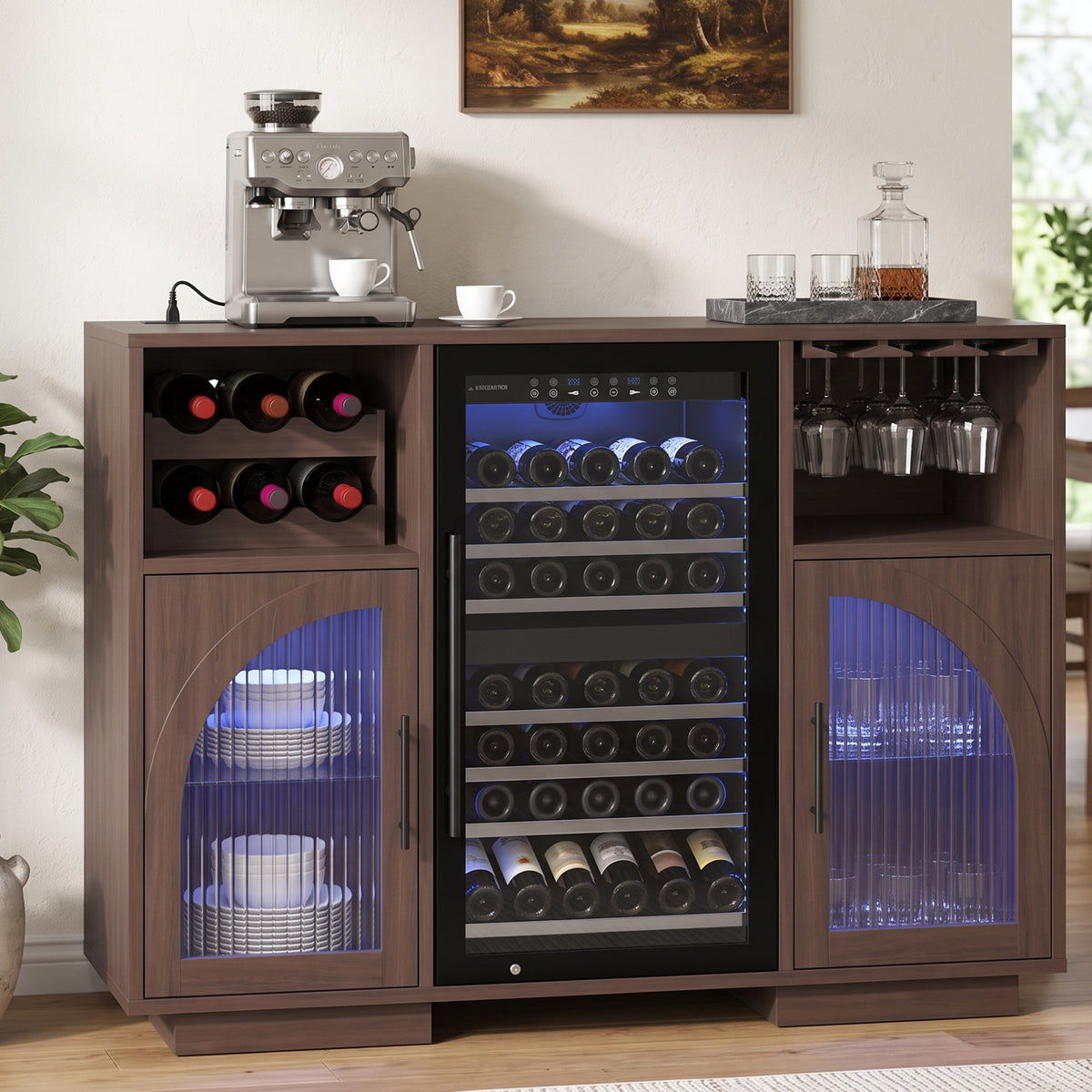 Coffee Bar Wine Cabinet with 6 Wine Rack, Adjustable Shelves, Glass Holder - Modern Home Liquor Bar Cabinet for Kitchen & Living Room, Brown