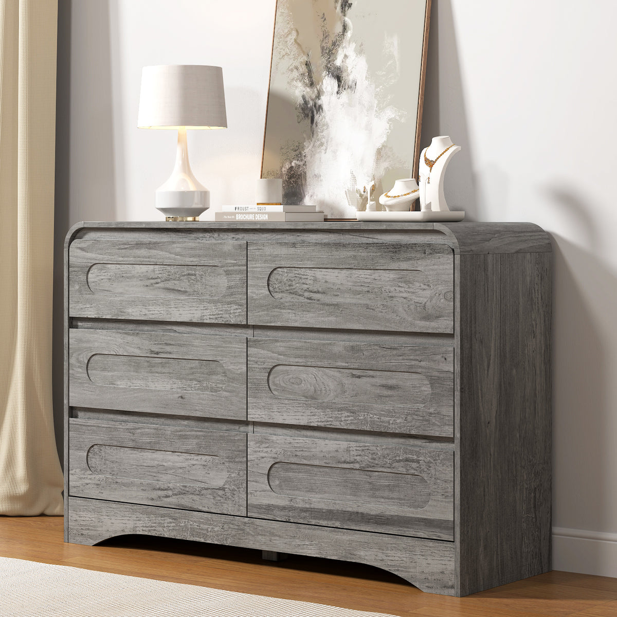 SOLACE FURNITURE 47" Wide 6 Drawers Dressers, Dresser Curved  Profile Design for Bedroom