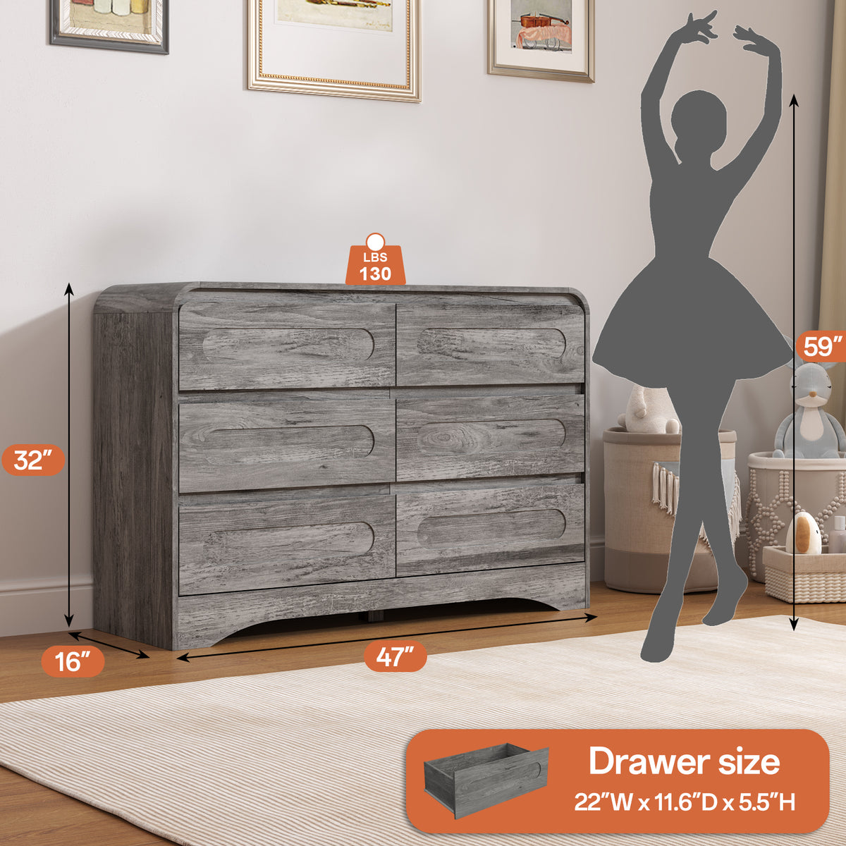 SOLACE FURNITURE 47" Wide 6 Drawers Dressers, Dresser Curved  Profile Design for Bedroom