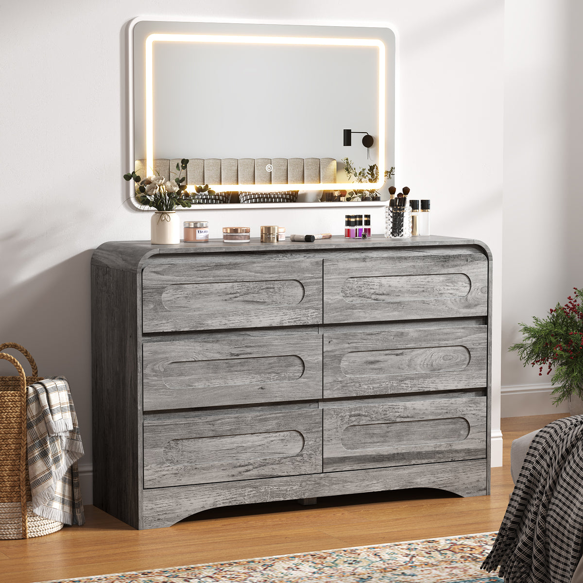 SOLACE FURNITURE 47" Wide 6 Drawers Dressers, Dresser Curved  Profile Design for Bedroom