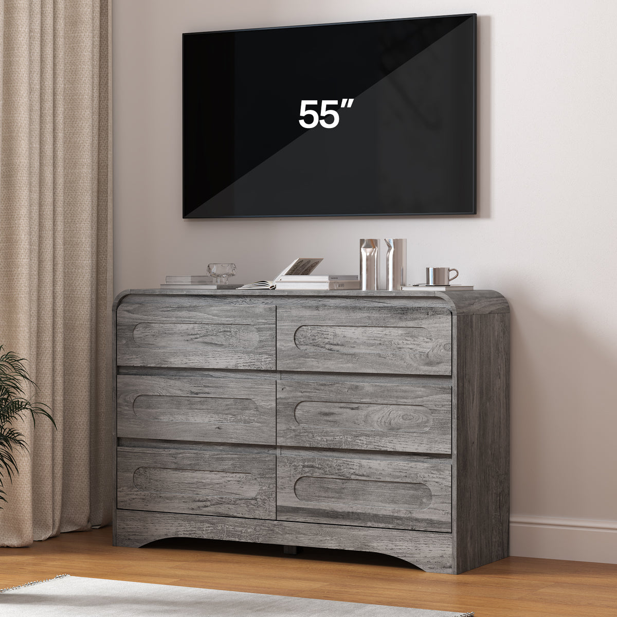 SOLACE FURNITURE 47" Wide 6 Drawers Dressers, Dresser Curved  Profile Design for Bedroom