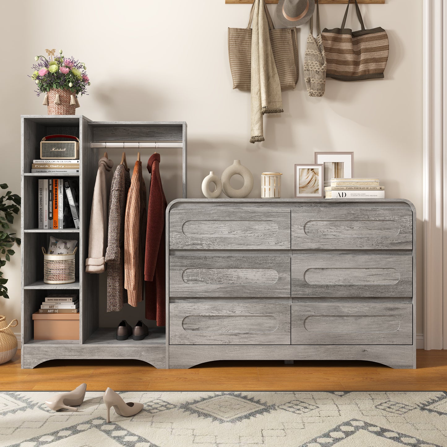 6 Drawers Dresser with Clothes Hanging Rack,3-in-1 Wardrobe Closet for Bedroom