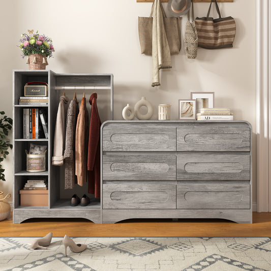 6 Drawers Dresser with Clothes Hanging Rack,3-in-1 Wardrobe Closet for Bedroom