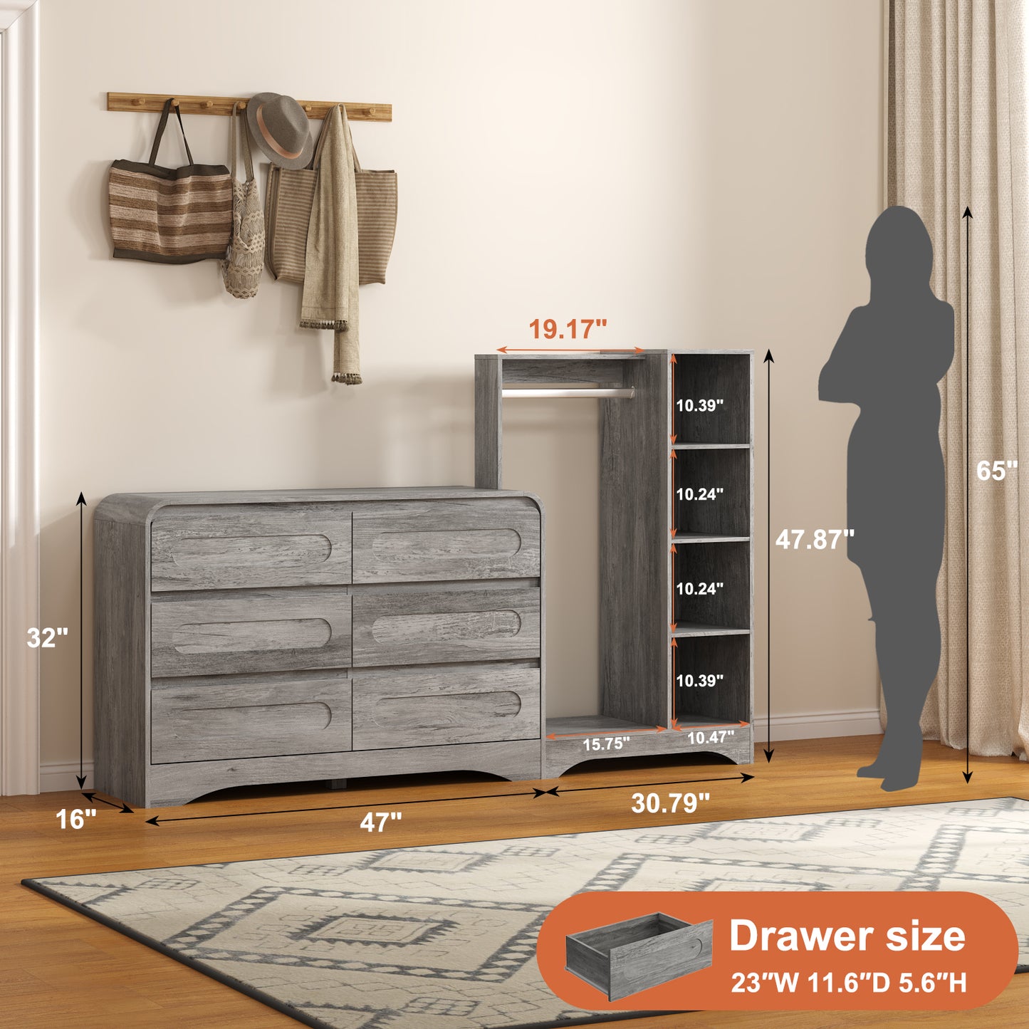 6 Drawers Dresser with Clothes Hanging Rack,3-in-1 Wardrobe Closet for Bedroom