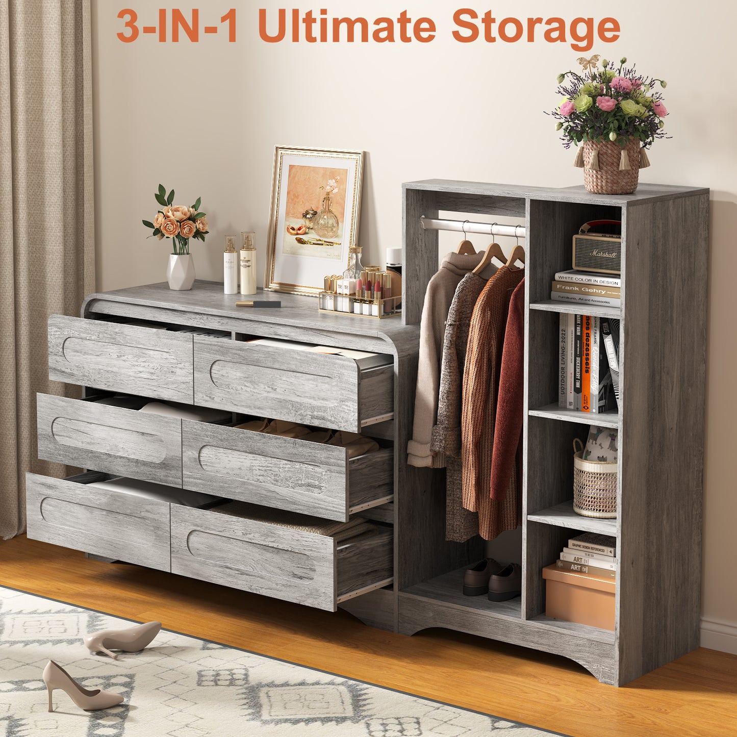 6 Drawers Dresser with Clothes Hanging Rack,3-in-1 Wardrobe Closet for Bedroom