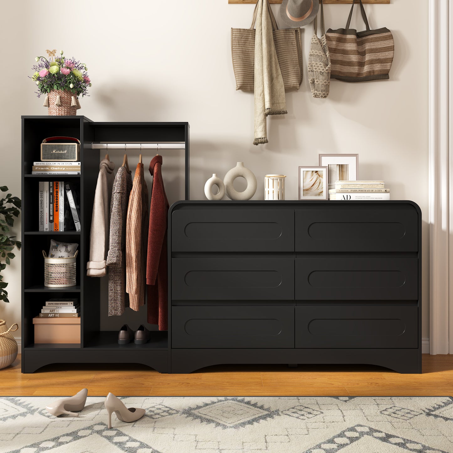 6 Drawers Dresser with Clothes Hanging Rack,3-in-1 Wardrobe Closet for Bedroom