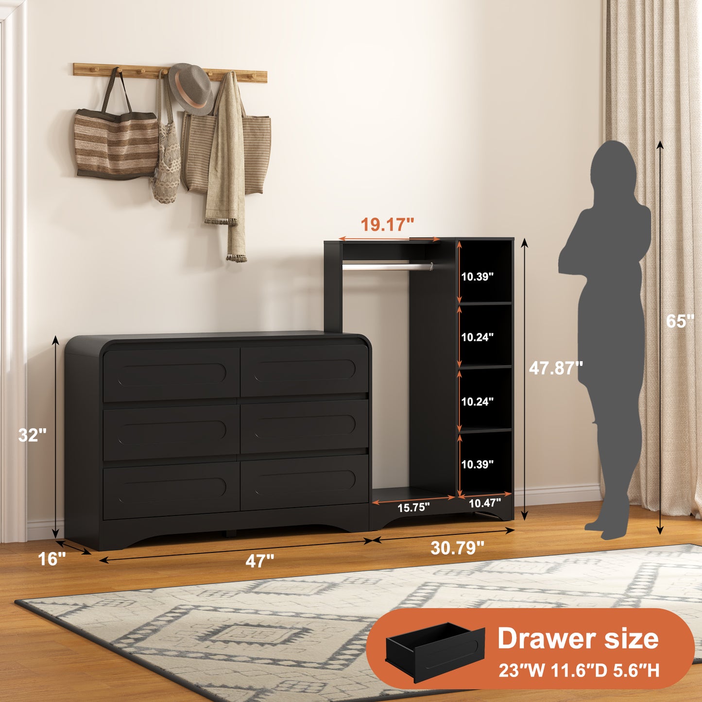 6 Drawers Dresser with Clothes Hanging Rack,3-in-1 Wardrobe Closet for Bedroom