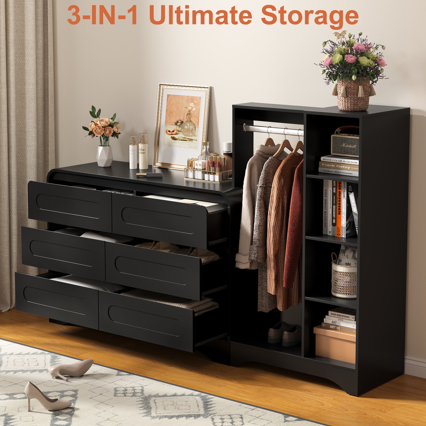 6 Drawers Dresser with Clothes Hanging Rack,3-in-1 Wardrobe Closet for Bedroom