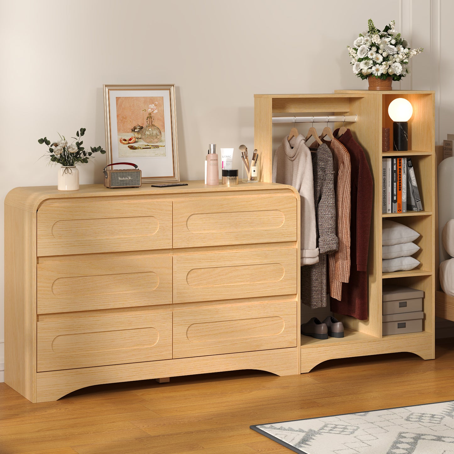 6 Drawers Dresser with Clothes Hanging Rack,3-in-1 Wardrobe Closet for Bedroom